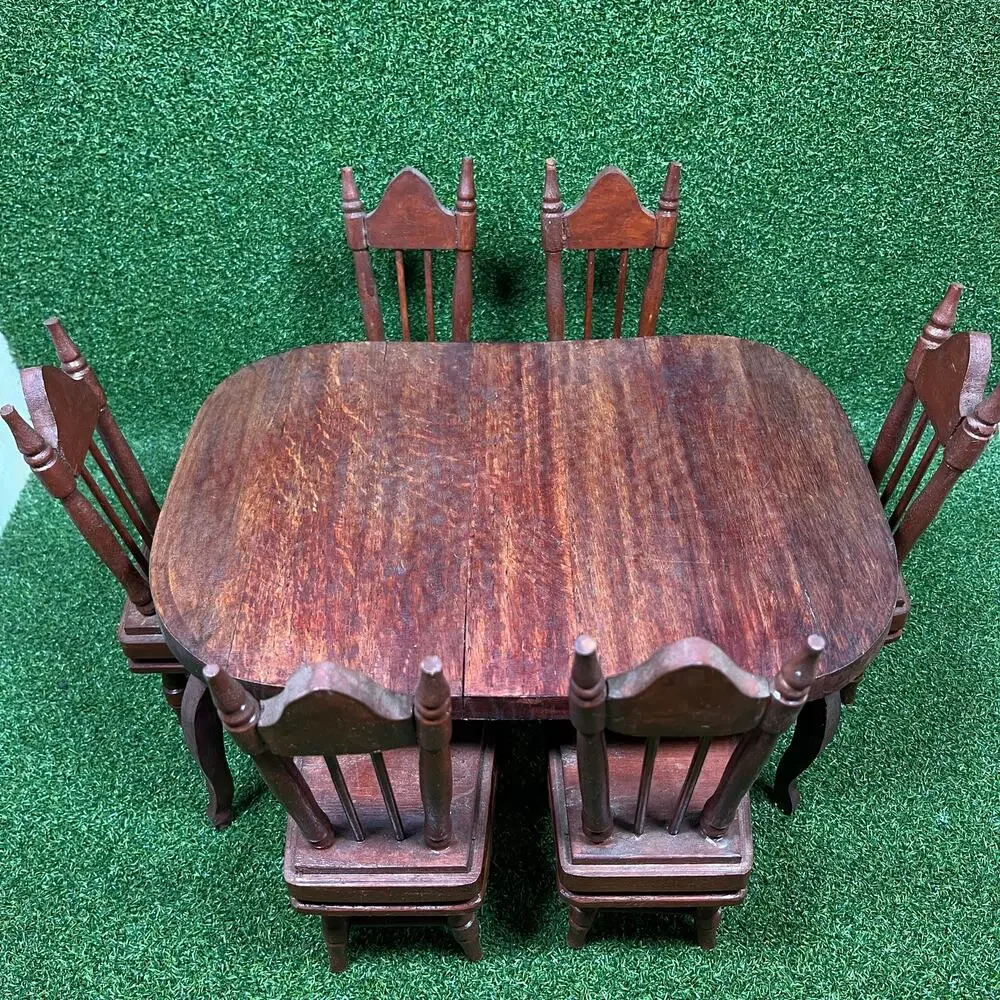 Vintage Miniature Wooden Dining Table and Chair Set Dollhouse